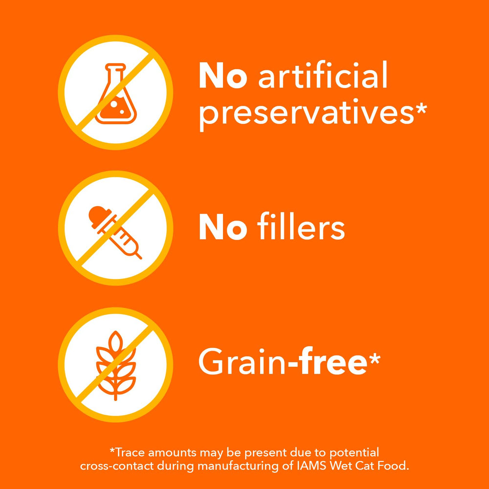 IAMS etiqueta nutricional mostrando ingredientes clave y ausencia de conservantes artificiales
