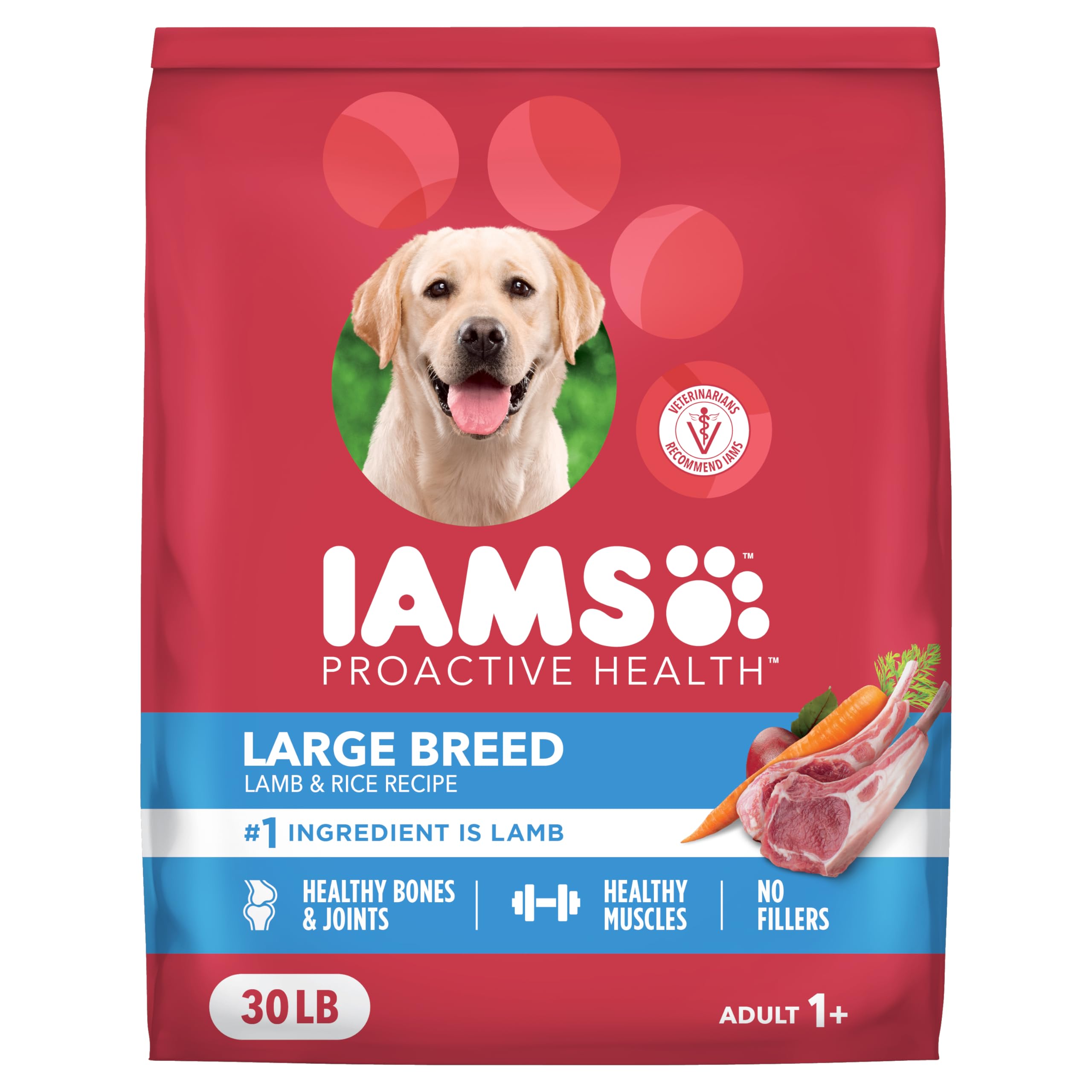 IAMS bolsa frontal mostrando cordero y beneficios nutricionales para energía