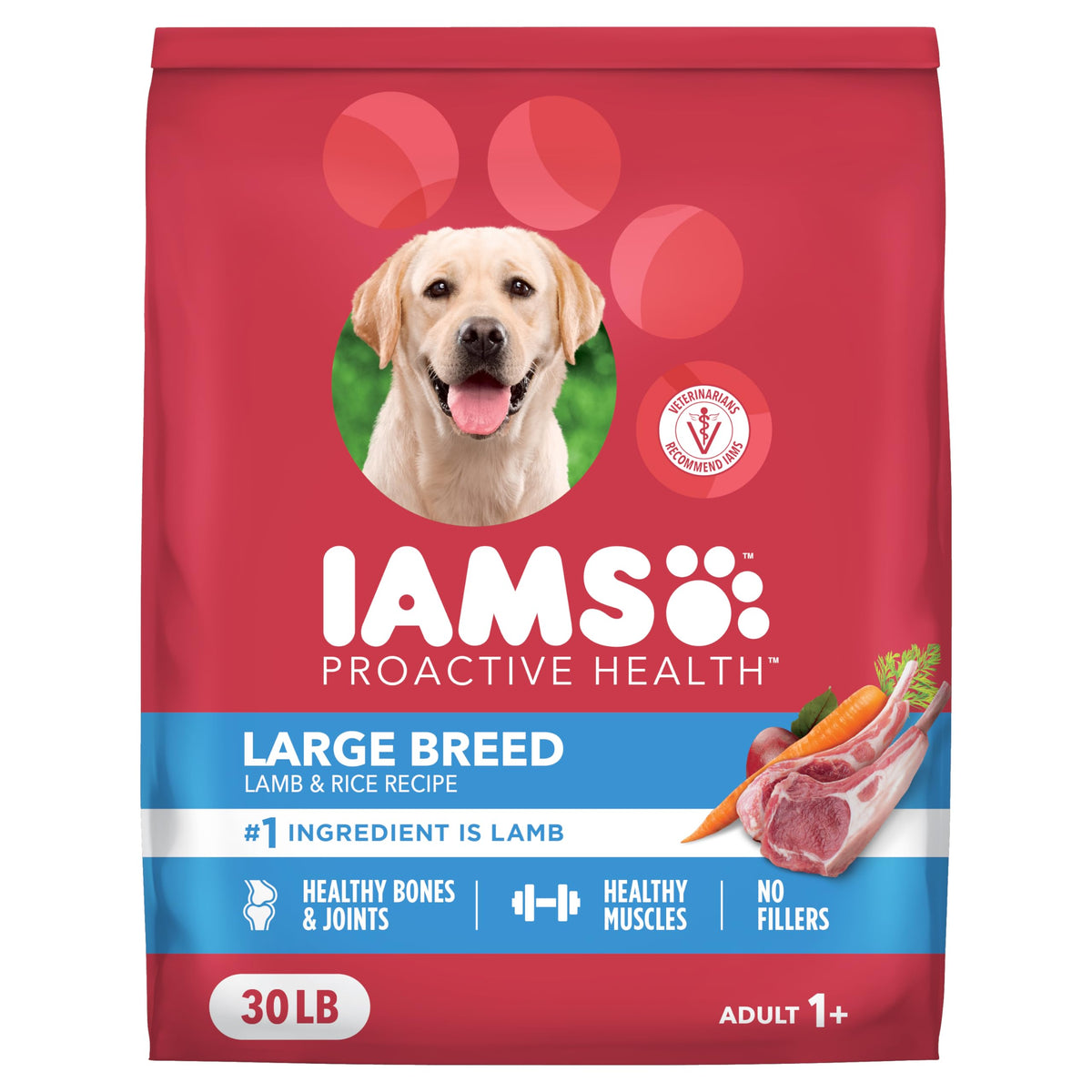 IAMS bolsa frontal mostrando cordero y beneficios nutricionales para energía