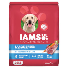 IAMS bolsa frontal mostrando cordero y beneficios nutricionales para energía