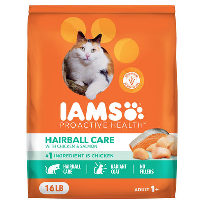 IAMS front packaging showing brand and hairball care benefits