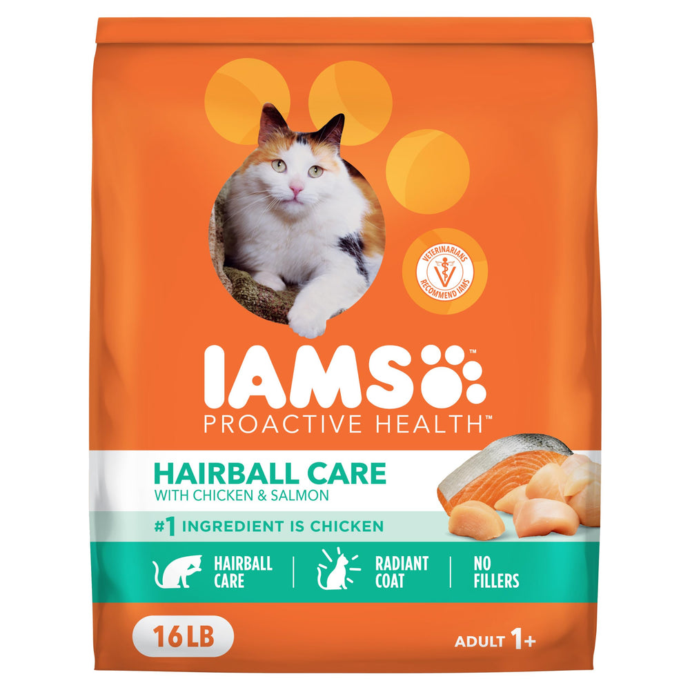IAMS front packaging showing brand and hairball care benefits