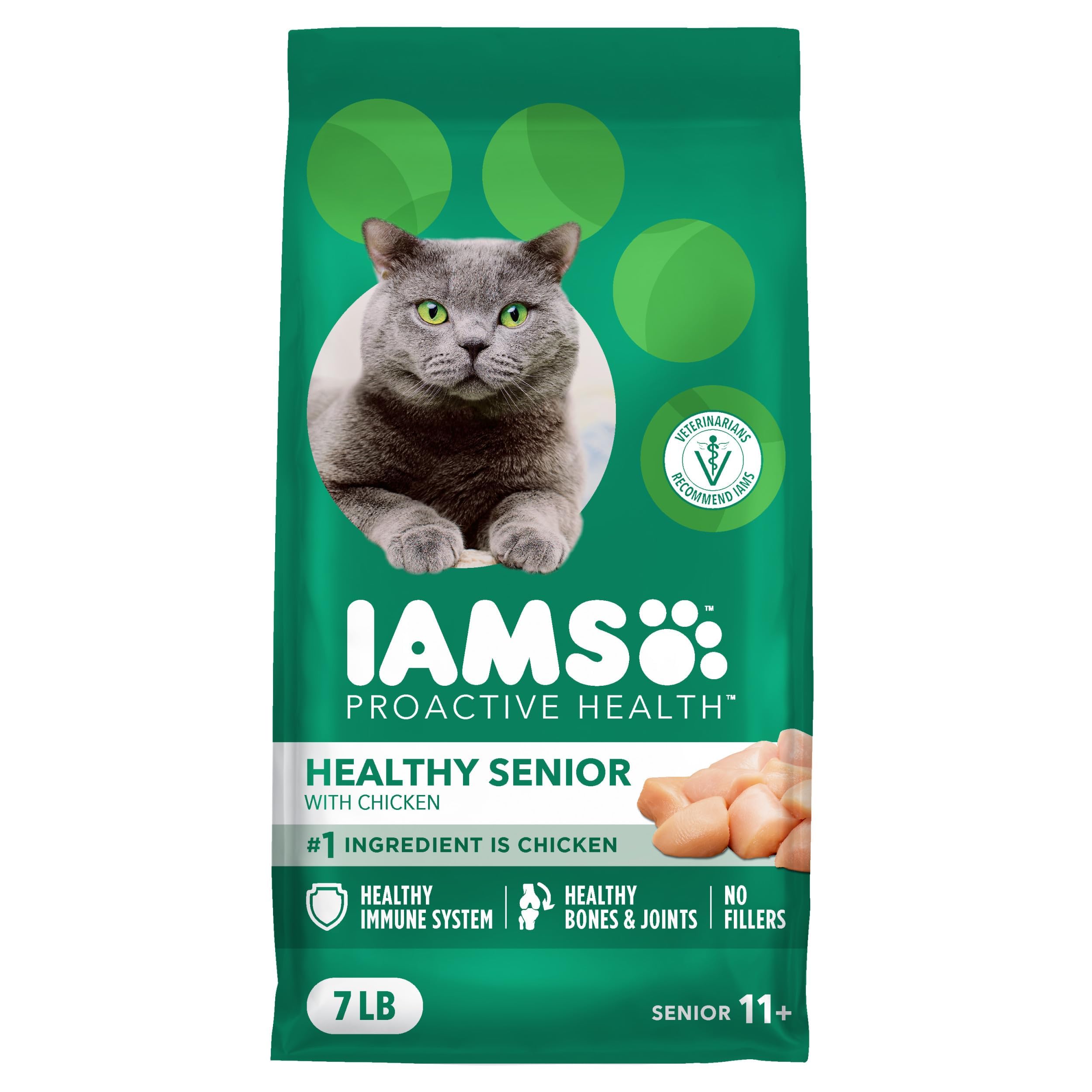 IAMS saco frontal mostrando fórmula de pollo y beneficios nutricionales