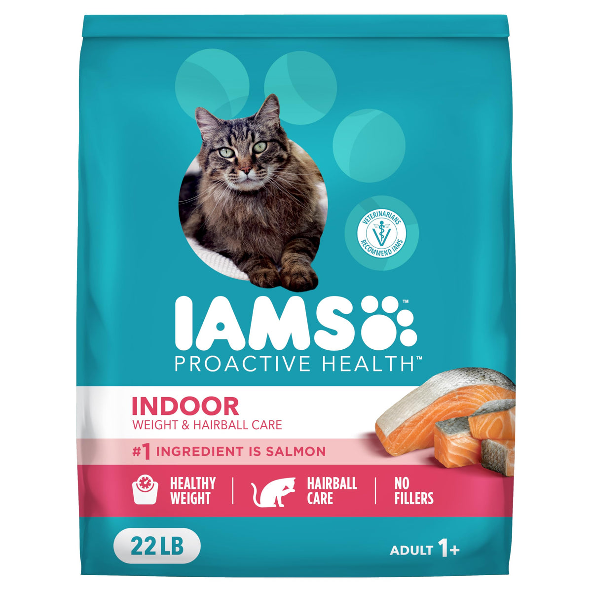 IAMS empaque frontal con salmón, muestra calidad y confianza