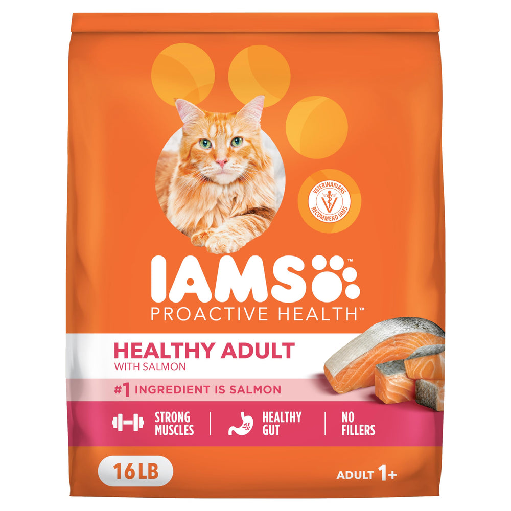 IAMS front packaging showing salmon-first formula and benefits