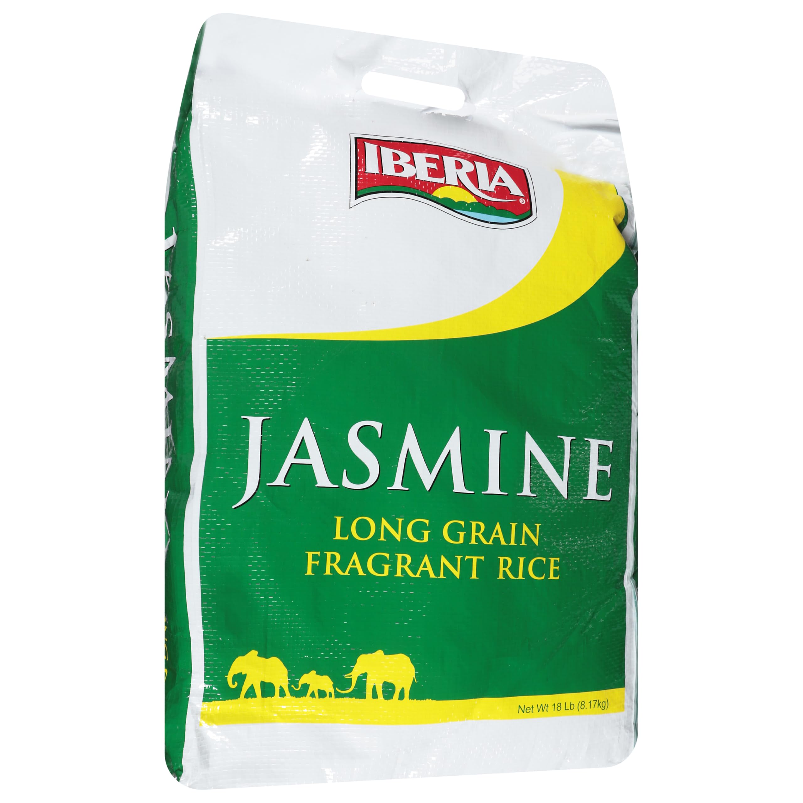 Iberia paquete frontal del arroz Jasmine mostrando marca y peso, fácil almacenamiento