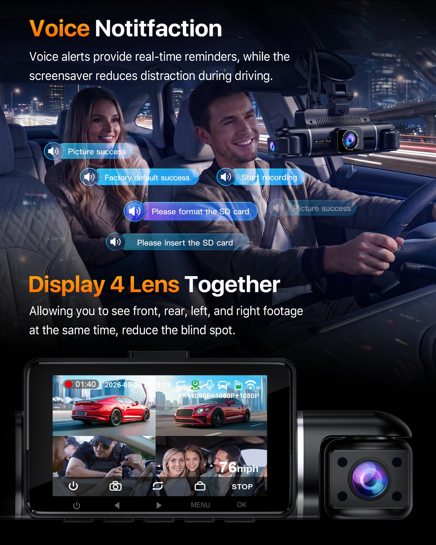 Icesky dash cam inside vehicle illustrating 360° protection for drivers and passengers