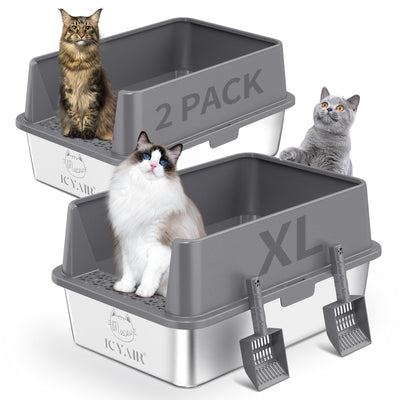 ICYAIR front view of two stainless steel litter boxes showing sturdy high-sided design and containment benefit