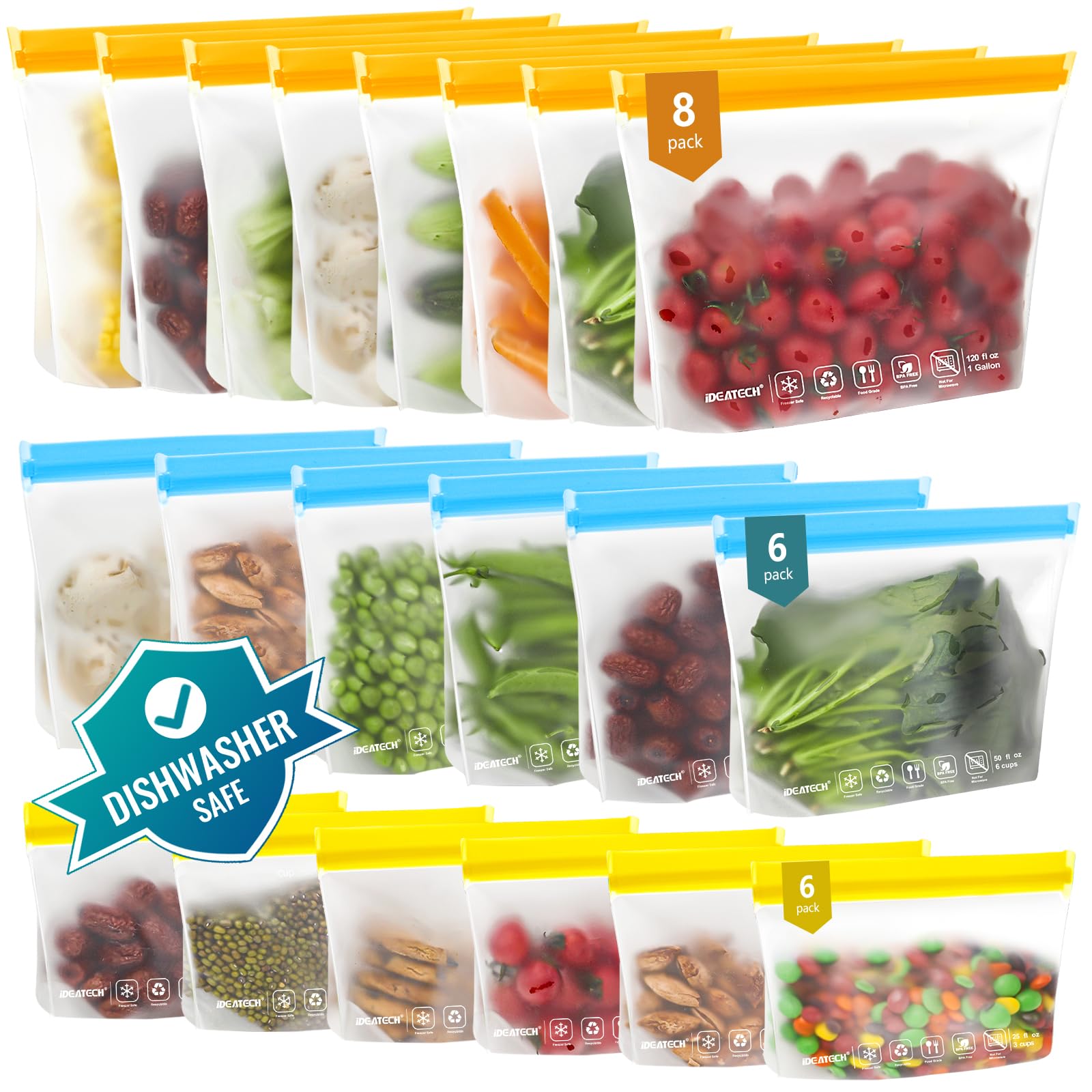 IDEATECH front packaging showing assorted colored reusable bags and quantity benefit