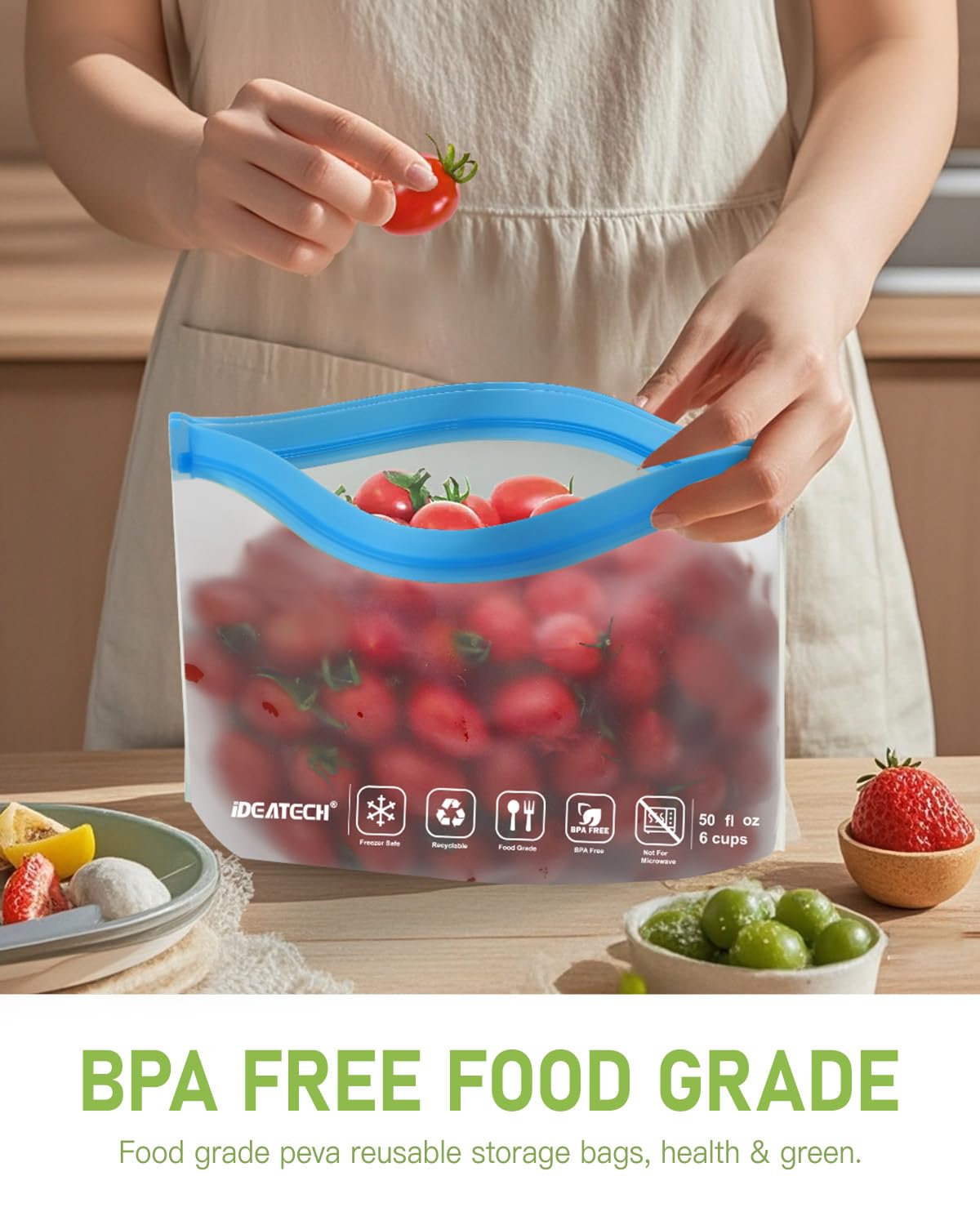 IDEATECH bag inside dishwasher top rack proving easy cleaning and reuse