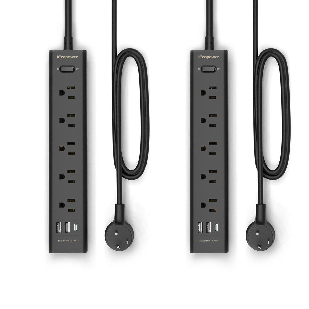 IECOPOWER regleta frontal con 5 enchufes y 3 puertos USB mostrando organización eficiente