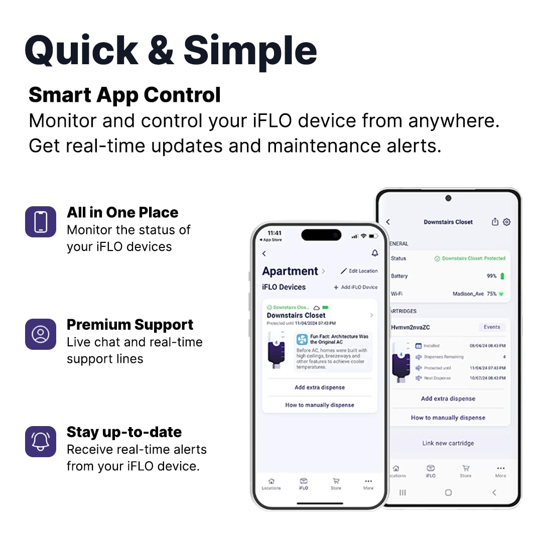iFLO app en teléfono mostrando alerta de recarga y control remoto