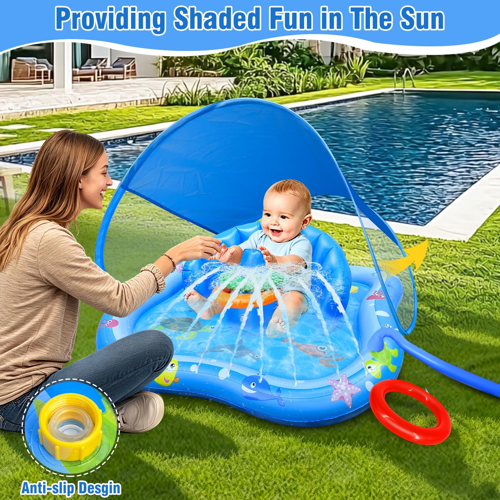 iGeeKid madre y bebé usando la colchoneta en jardín, seguridad y diversión