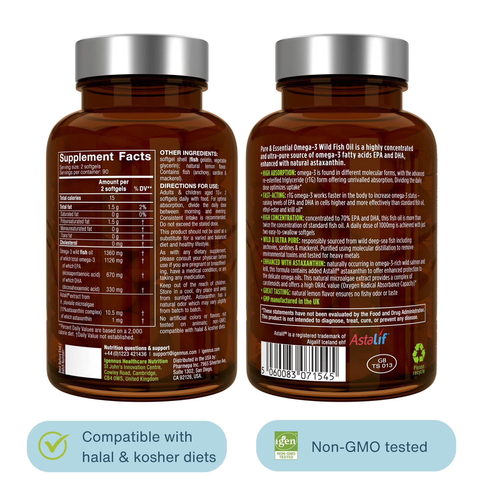 Igennus botella abierta y softgels organizados para presentación diaria
