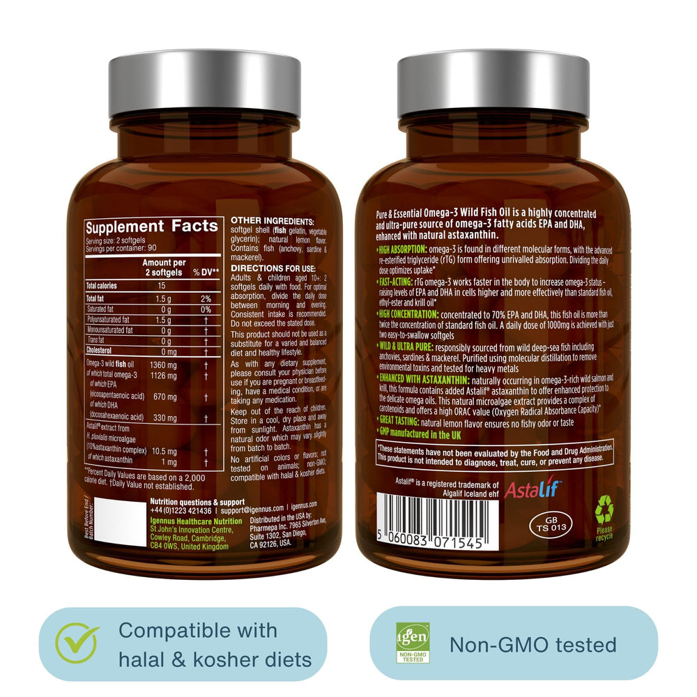 Igennus botella abierta y softgels organizados para presentación diaria