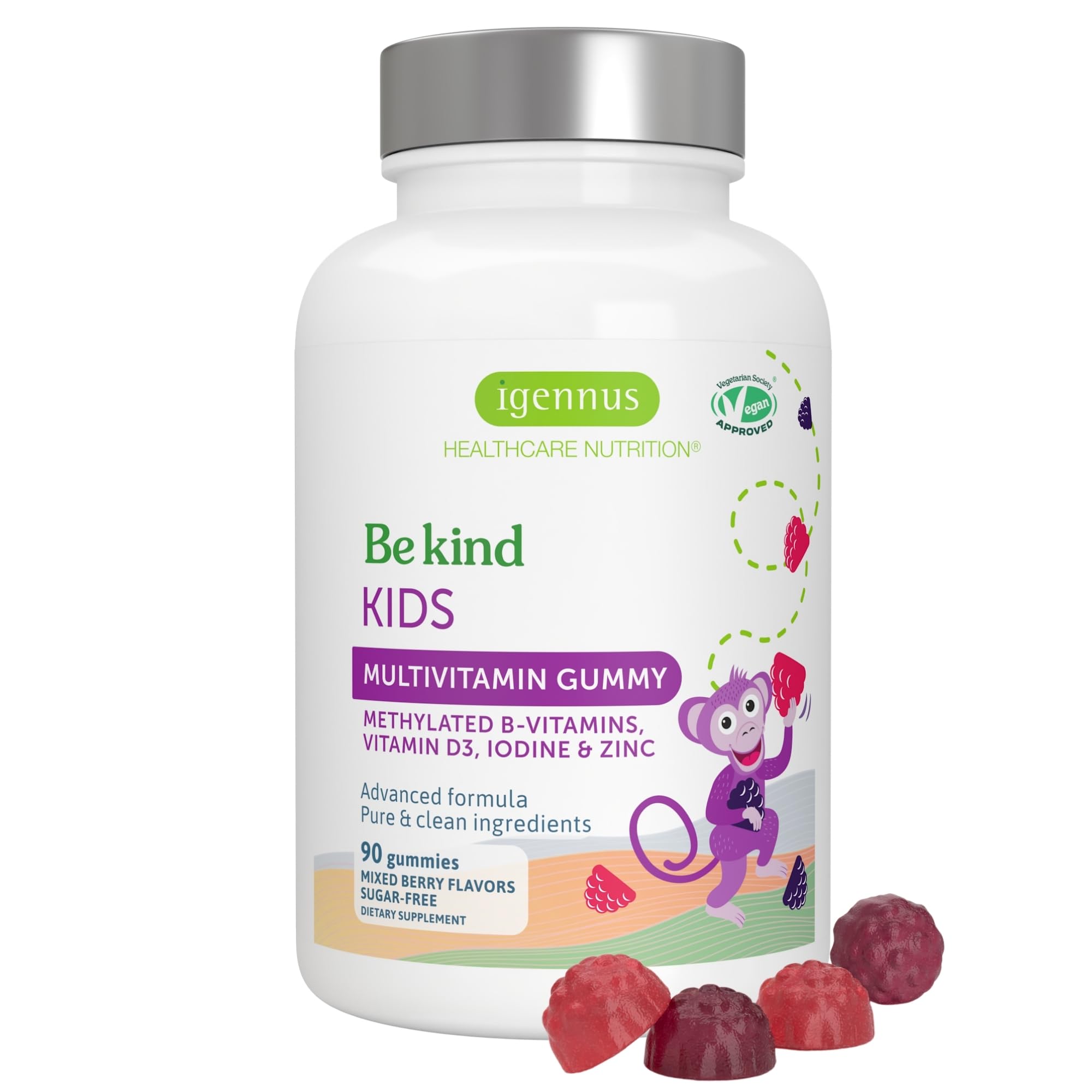 Igennus frasco frontal de gomitas multivitamínicas, claramente etiquetado y atractivo