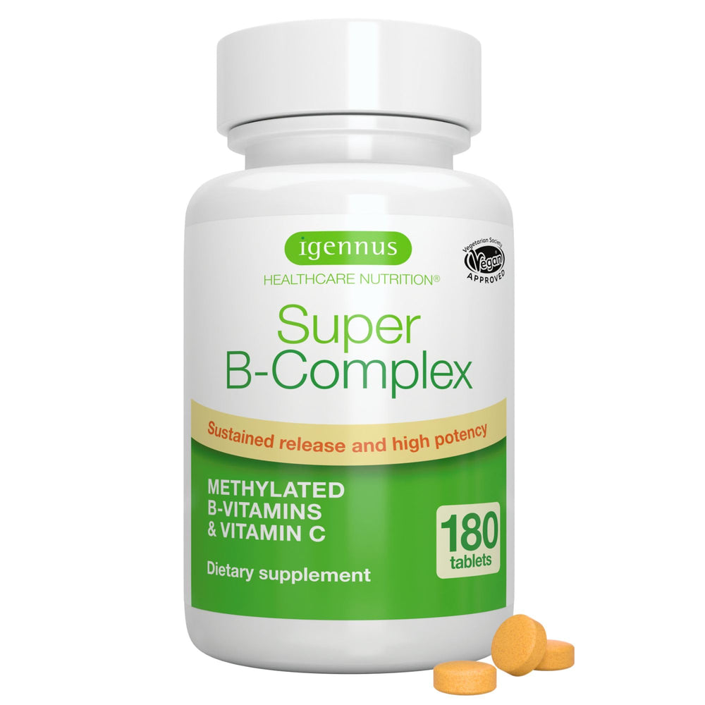 Igennus bottle front packaging showing Super B-Complex benefits