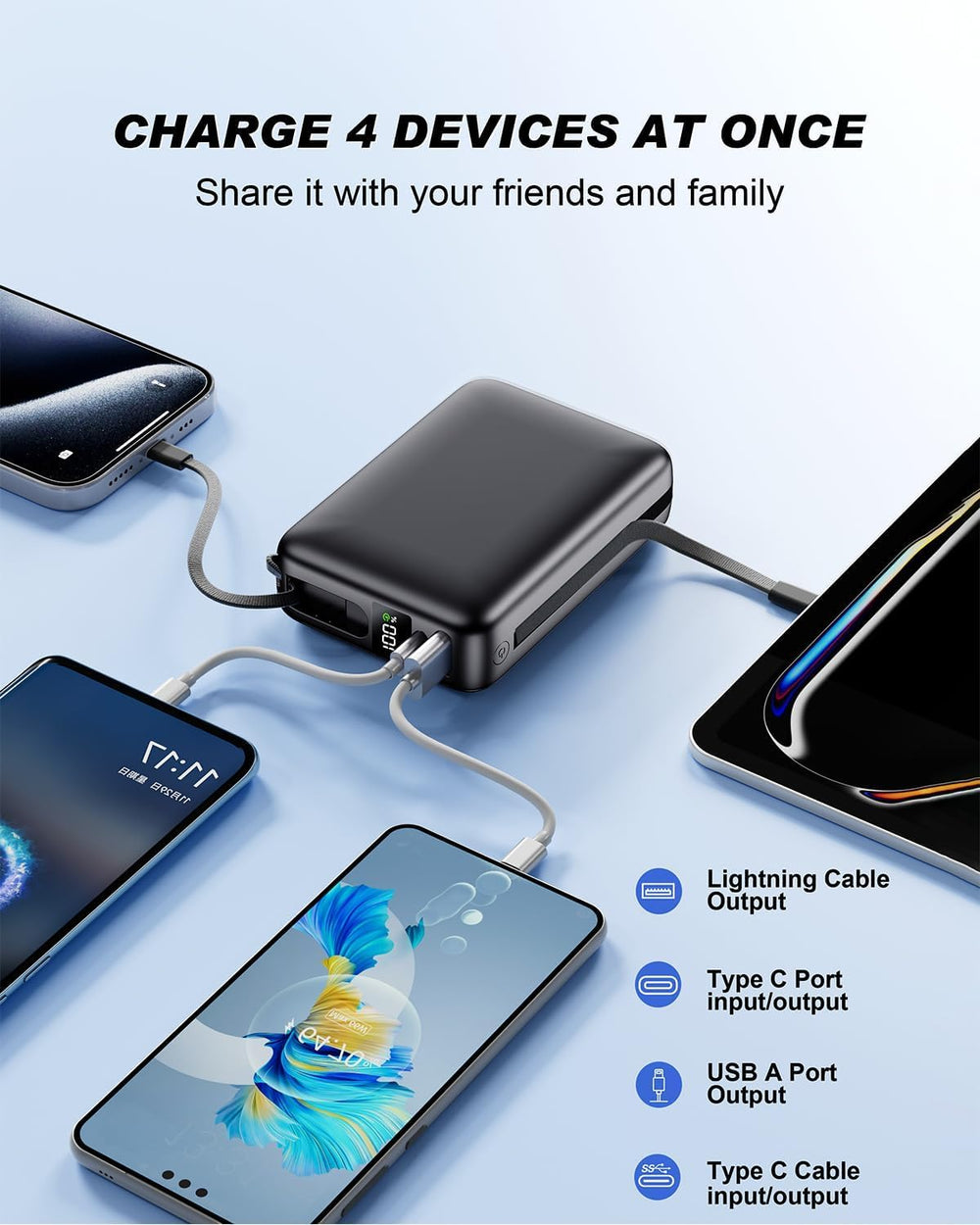 IGGPBB powering phone tablet and earbuds simultaneously for travel convenience