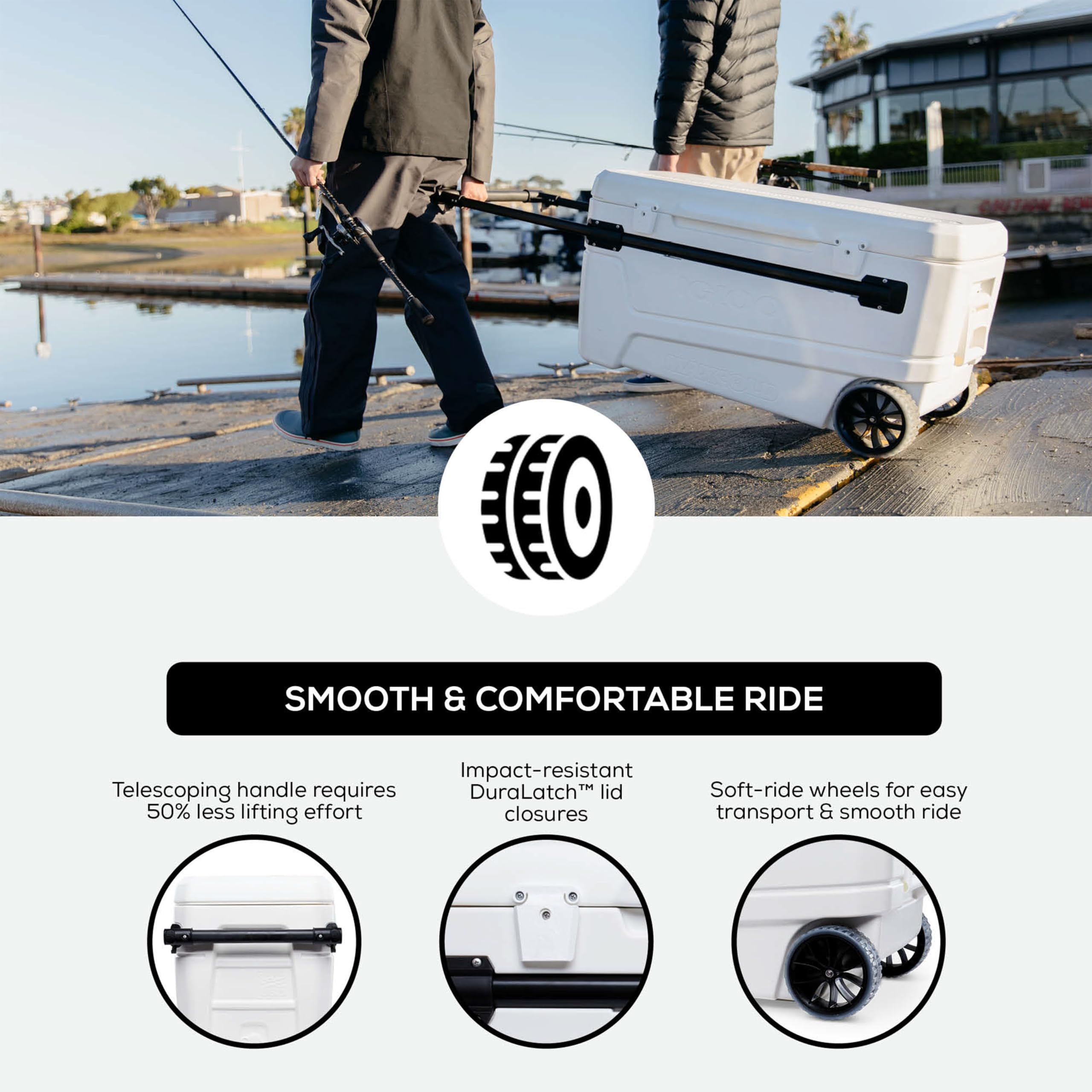 Igloo detalle de ruedas soft-ride que facilitan transporte suave