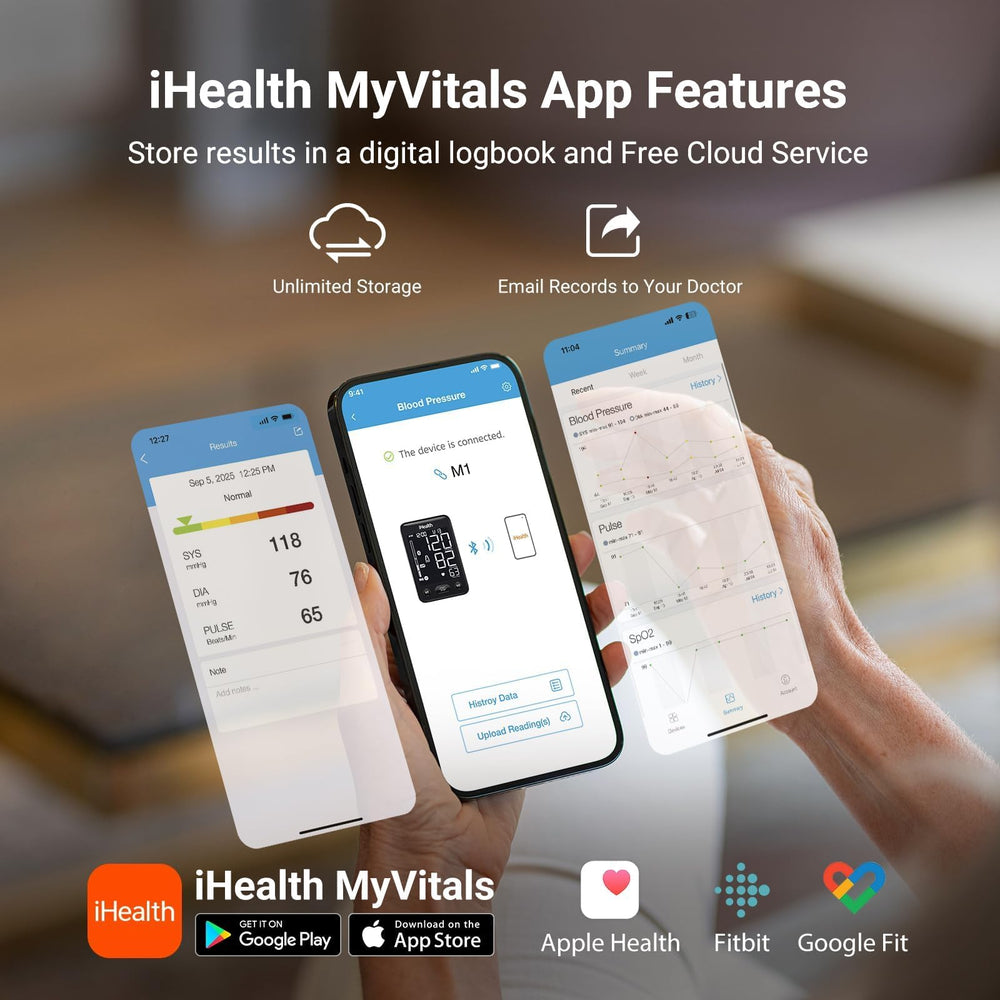 iHealth packaging contents laid out including cuff, manual, batteries, cable and storage bag