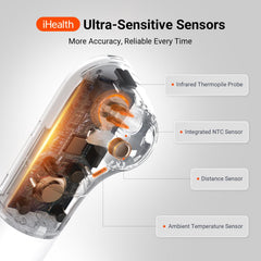 iHealth PT3 infrared sensor detail illustrating accurate no-touch forehead sensing