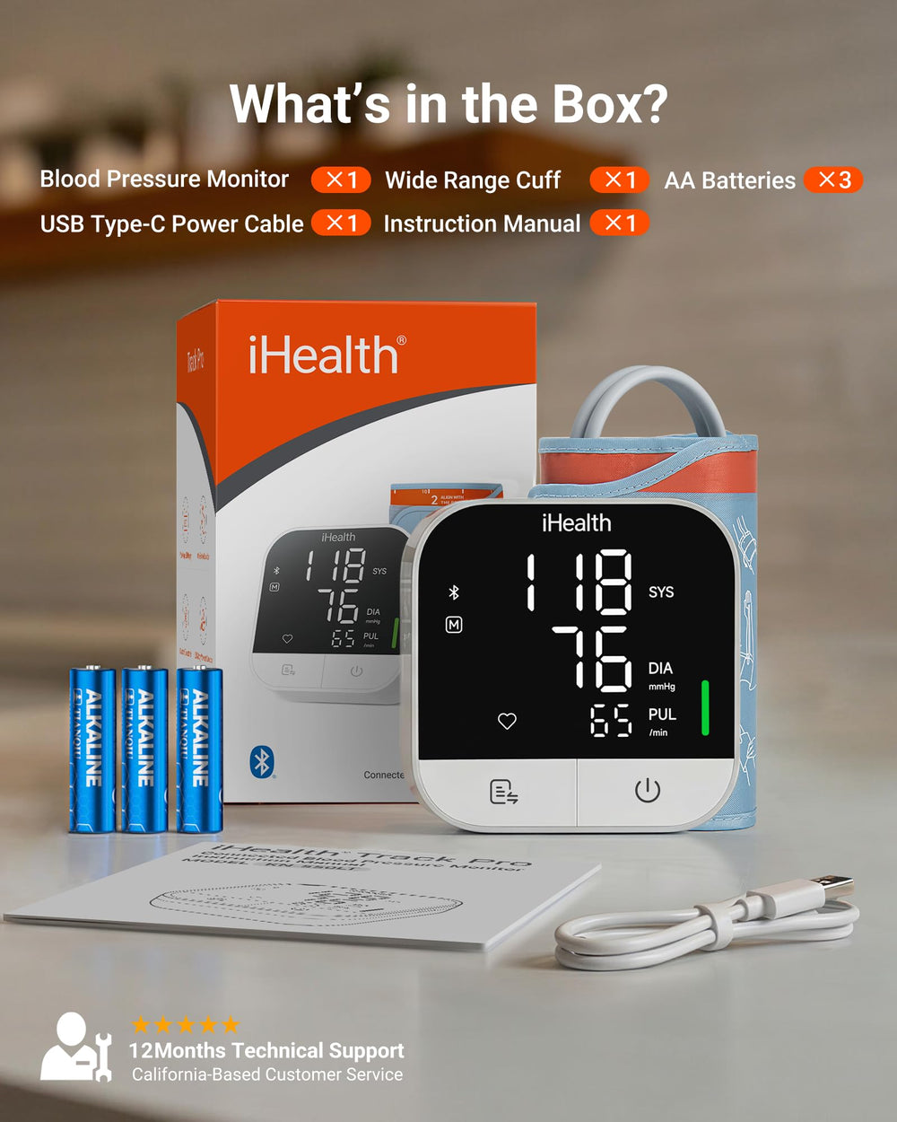 iHealth contenido del paquete con pilas, cable y manual, listo para usar
