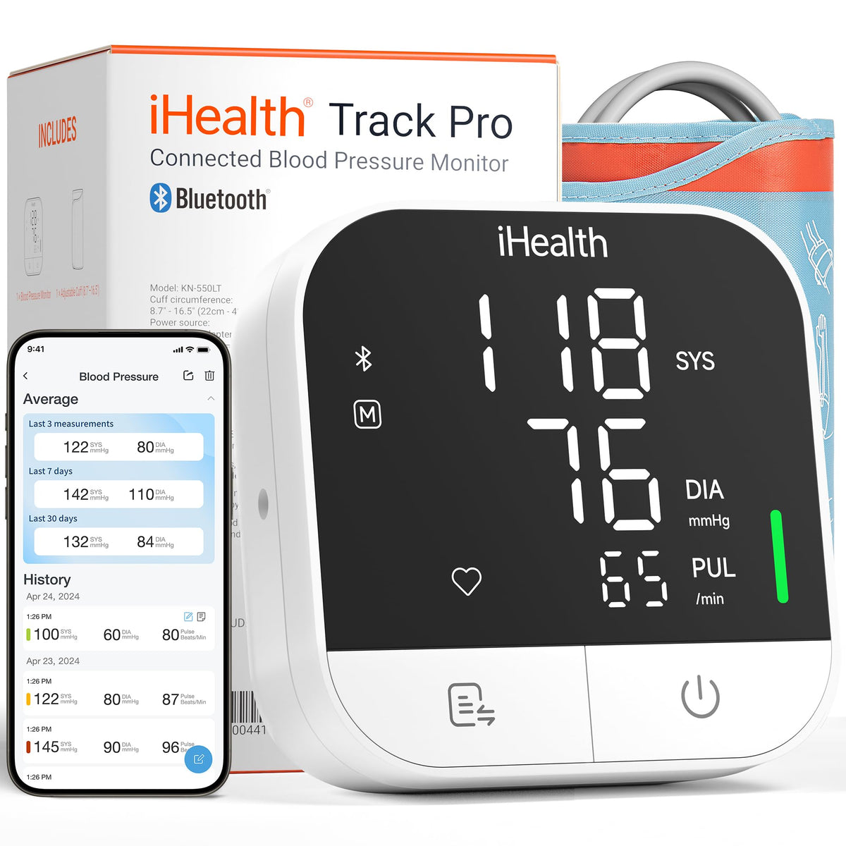 iHealth monitor frontal mostrando pantalla y manguito, lectura clara