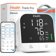 iHealth monitor frontal mostrando pantalla y manguito, lectura clara