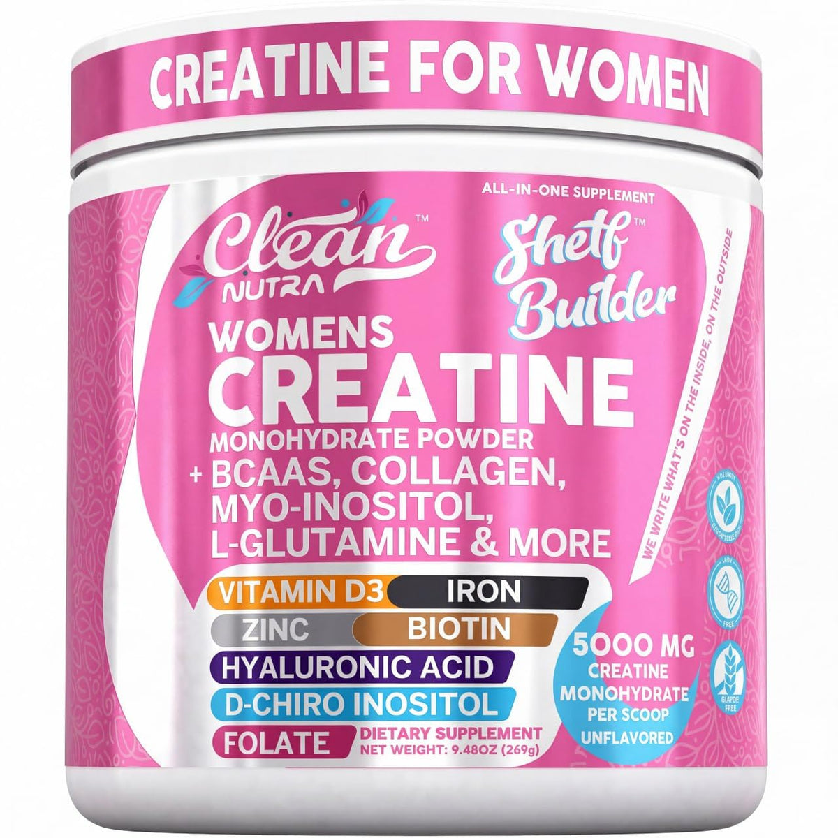 Clean Nutraceuticals Womens Creatine Monohydrate Powder Unflavored 5,000 mg — Collagen & BCAAs, 30 Servings