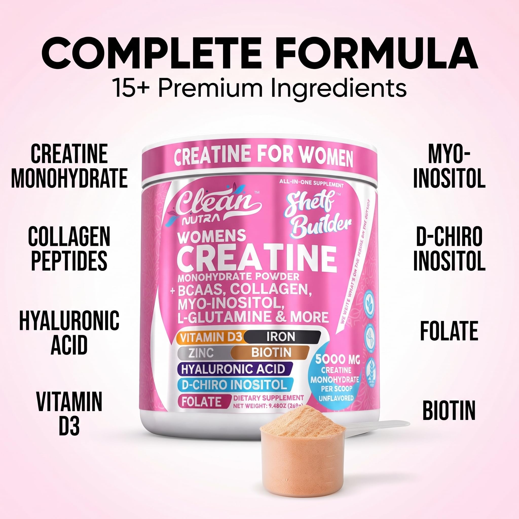 Clean Nutraceuticals Womens Creatine Monohydrate Powder Unflavored 5,000 mg — Collagen & BCAAs, 30 Servings