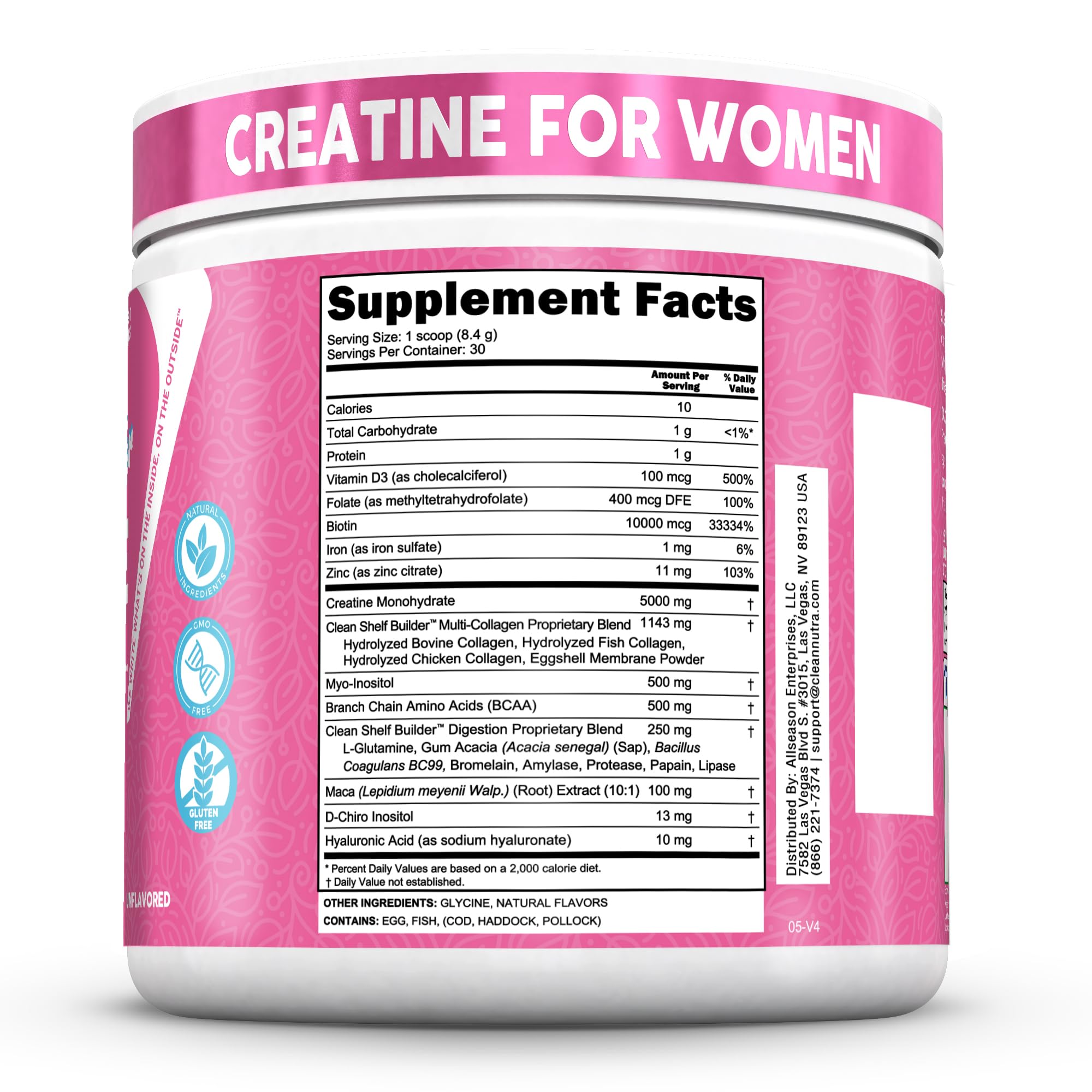 Clean Nutraceuticals Womens Creatine Monohydrate Powder Unflavored 5,000 mg — Collagen & BCAAs, 30 Servings