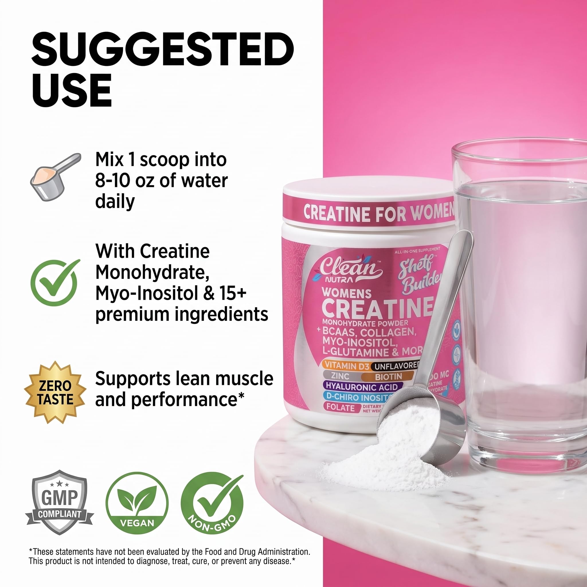 Clean Nutraceuticals Womens Creatine Monohydrate Powder Unflavored 5,000 mg — Collagen & BCAAs, 30 Servings