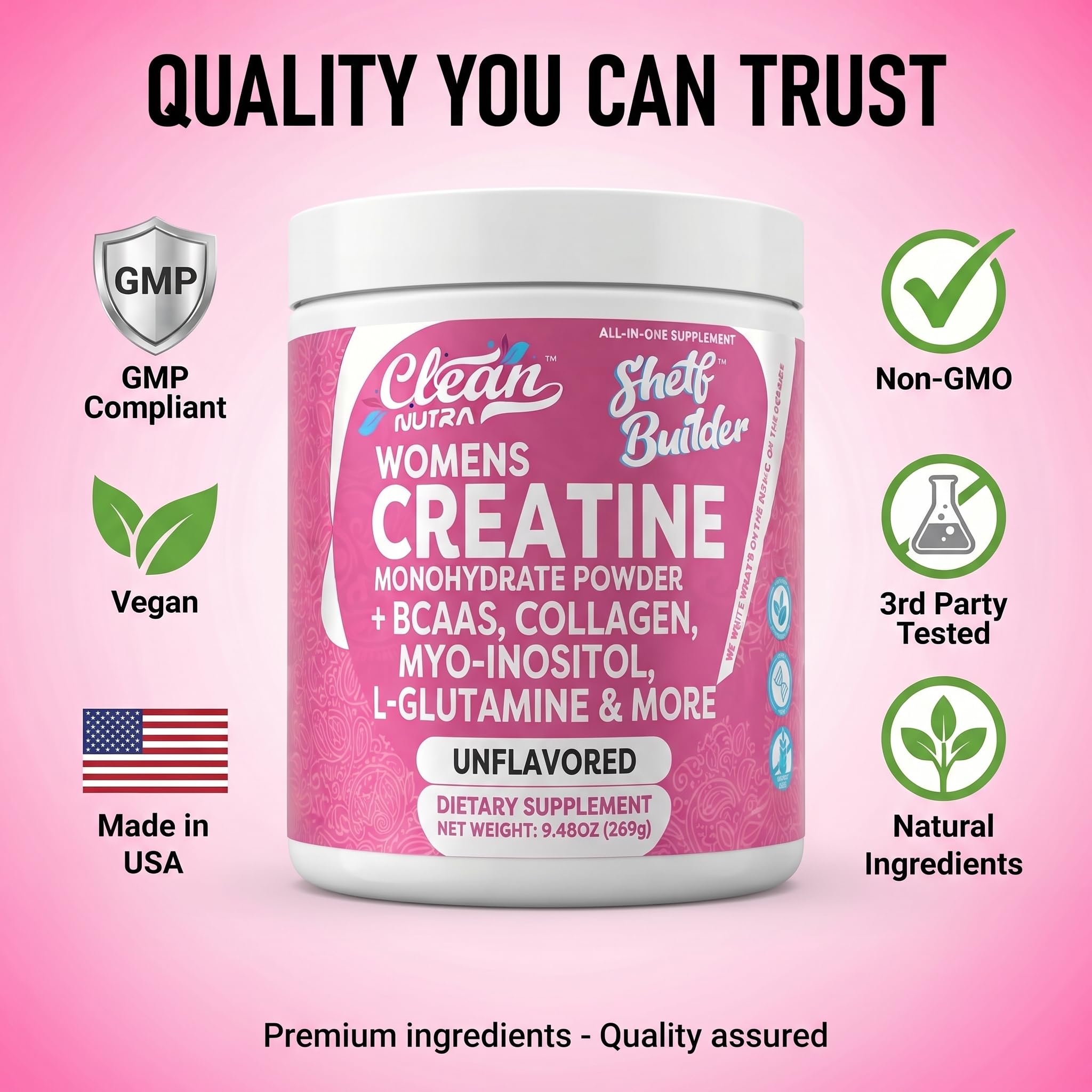 Clean Nutraceuticals Womens Creatine Monohydrate Powder Unflavored 5,000 mg — Collagen & BCAAs, 30 Servings