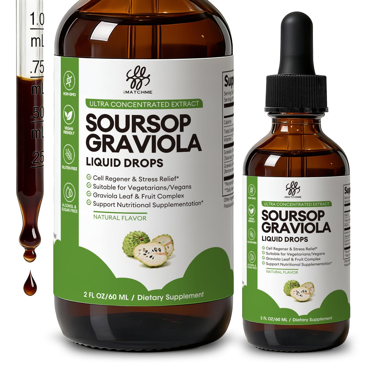 iMATCHME frasco frontal de soursop graviola, formato compacto y práctico