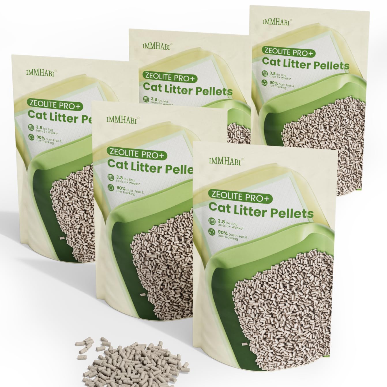 IMMHABI paquete de pellets de zeolita frontal mostrando peso y formato, limpieza prolongada