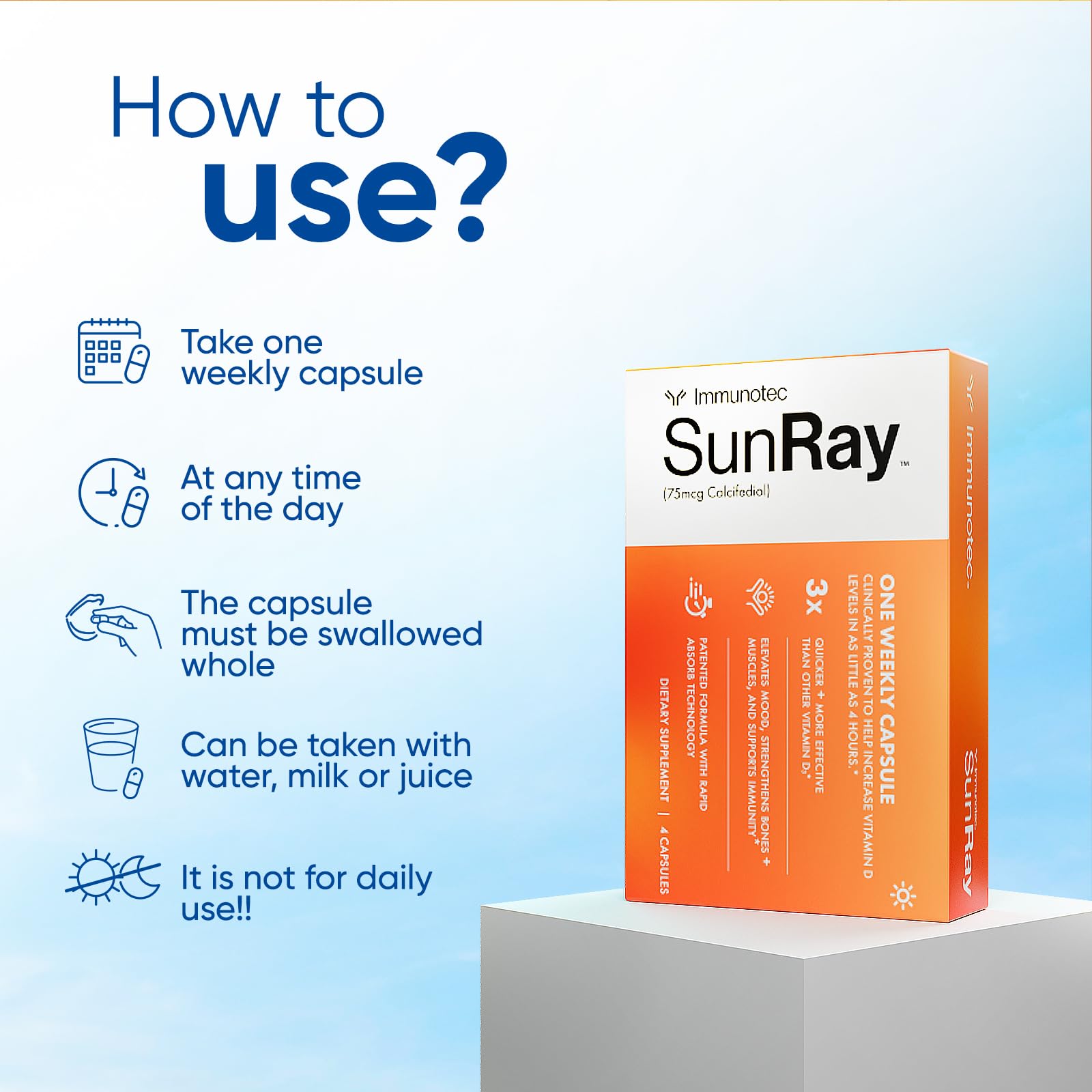 Immunotec Sunray cápsula en mano para comparar tamaño y comodidad de una dosis semanal