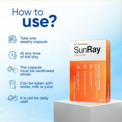 Immunotec Sunray cápsula en mano para comparar tamaño y comodidad de una dosis semanal