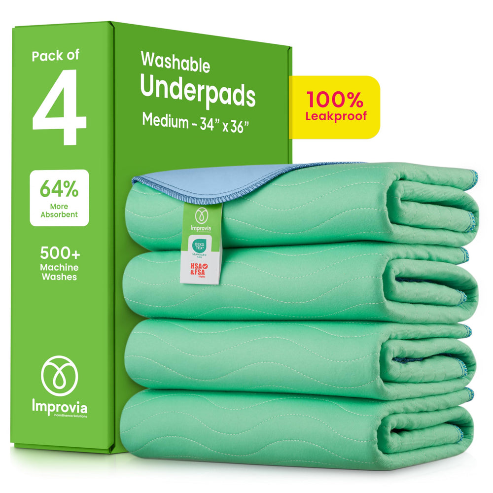 IMPROVIA front packaging showing four washable underpads and benefits