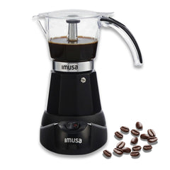 IMUSA electric espresso maker front view showing sleek black design and Tritan carafe for stylish counter appeal