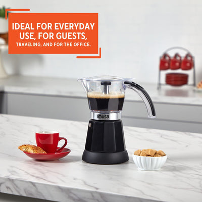 IMUSA espresso maker in use pouring espresso shot into cup for quick at-home coffee enjoyment
