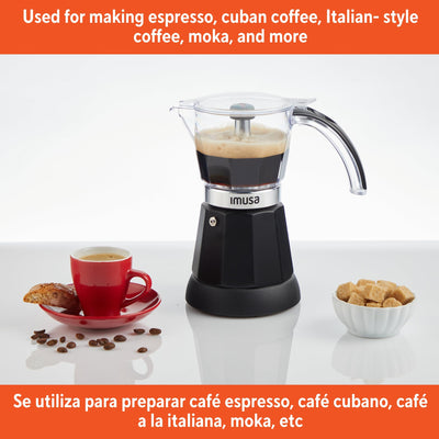 IMUSA espresso maker next to espresso cup to show scale and small footprint for compact kitchens