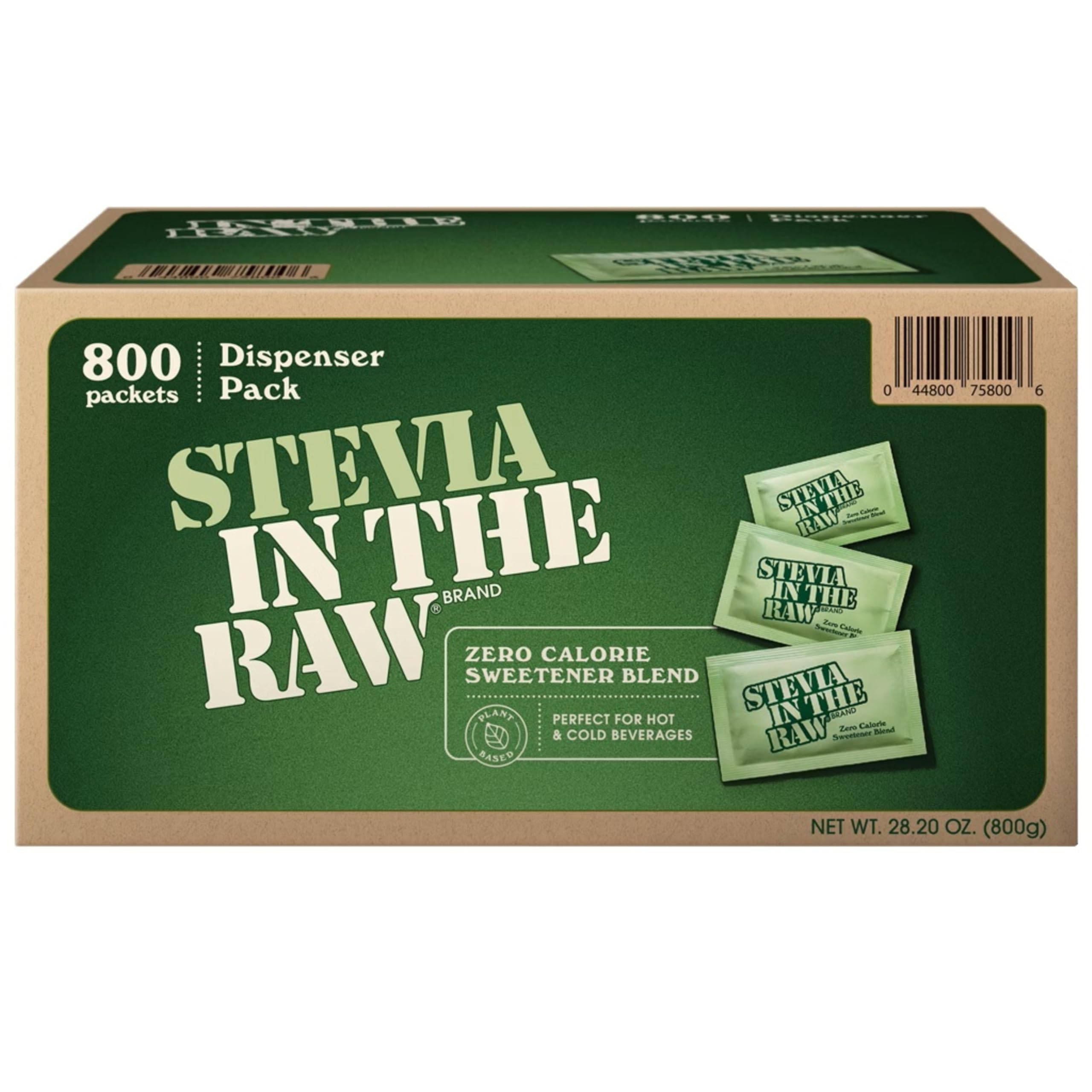 IN THE RAW sobre de stevia al frente mostrando el paquete y conveniencia sin calorías
