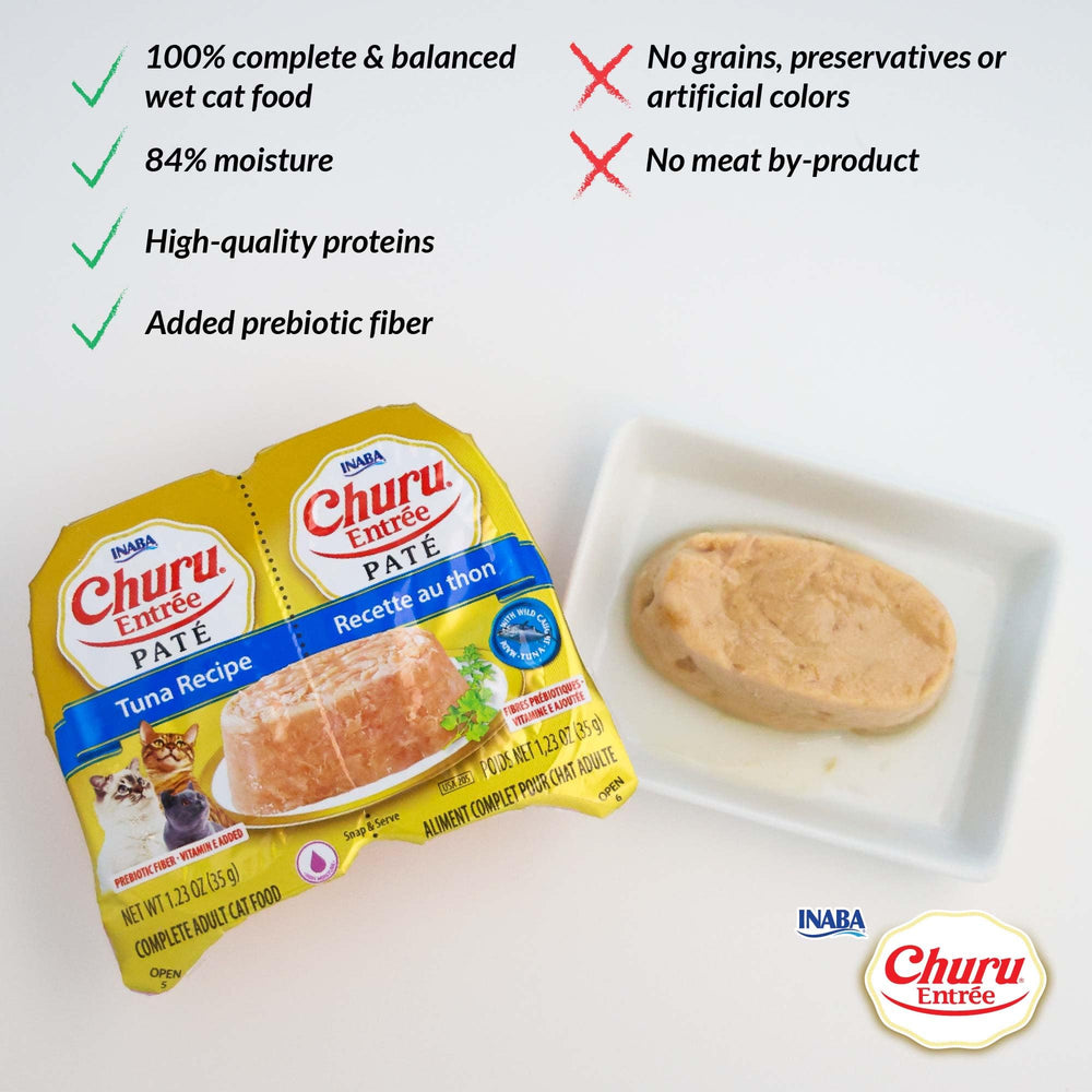 INABA Churu Entrée vasito abierto mostrando paté suave, fácil de servir