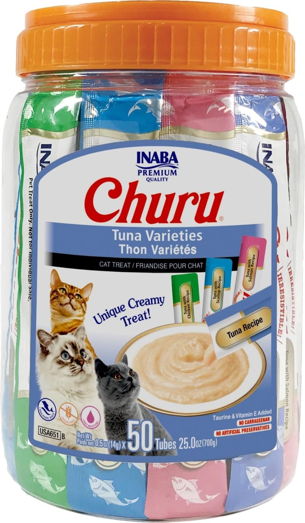 INABA front packaging of tuna 50 tubes showing product benefits and variety