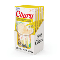 INABA Churu empaque frontal mostrando sabor pollo con queso y beneficios