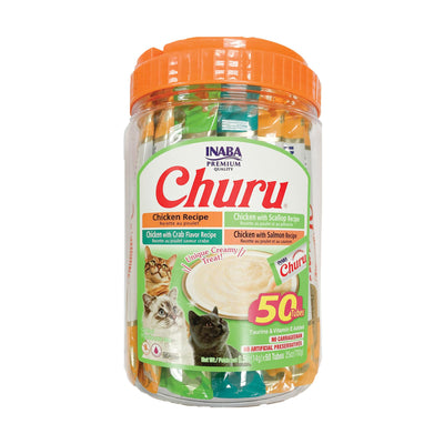 INABA pack frontal mostrando tubos Churu y beneficio hidratación rápida