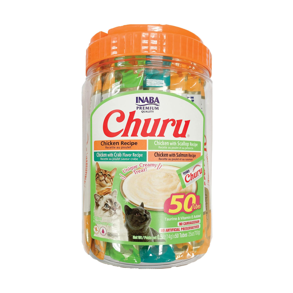 INABA pack frontal mostrando tubos Churu y beneficio hidratación rápida