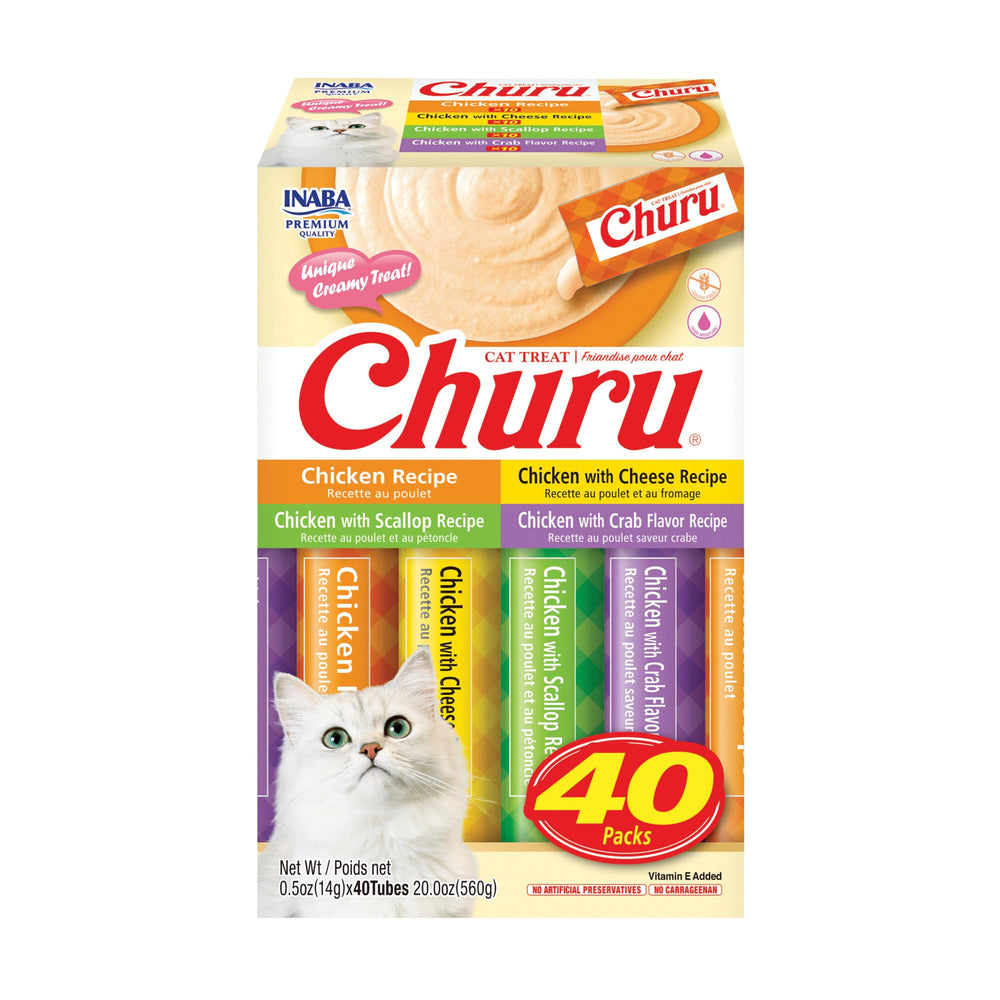 INABA Churu vista frontal del paquete de 40 tubos, fácil reconocimiento del producto