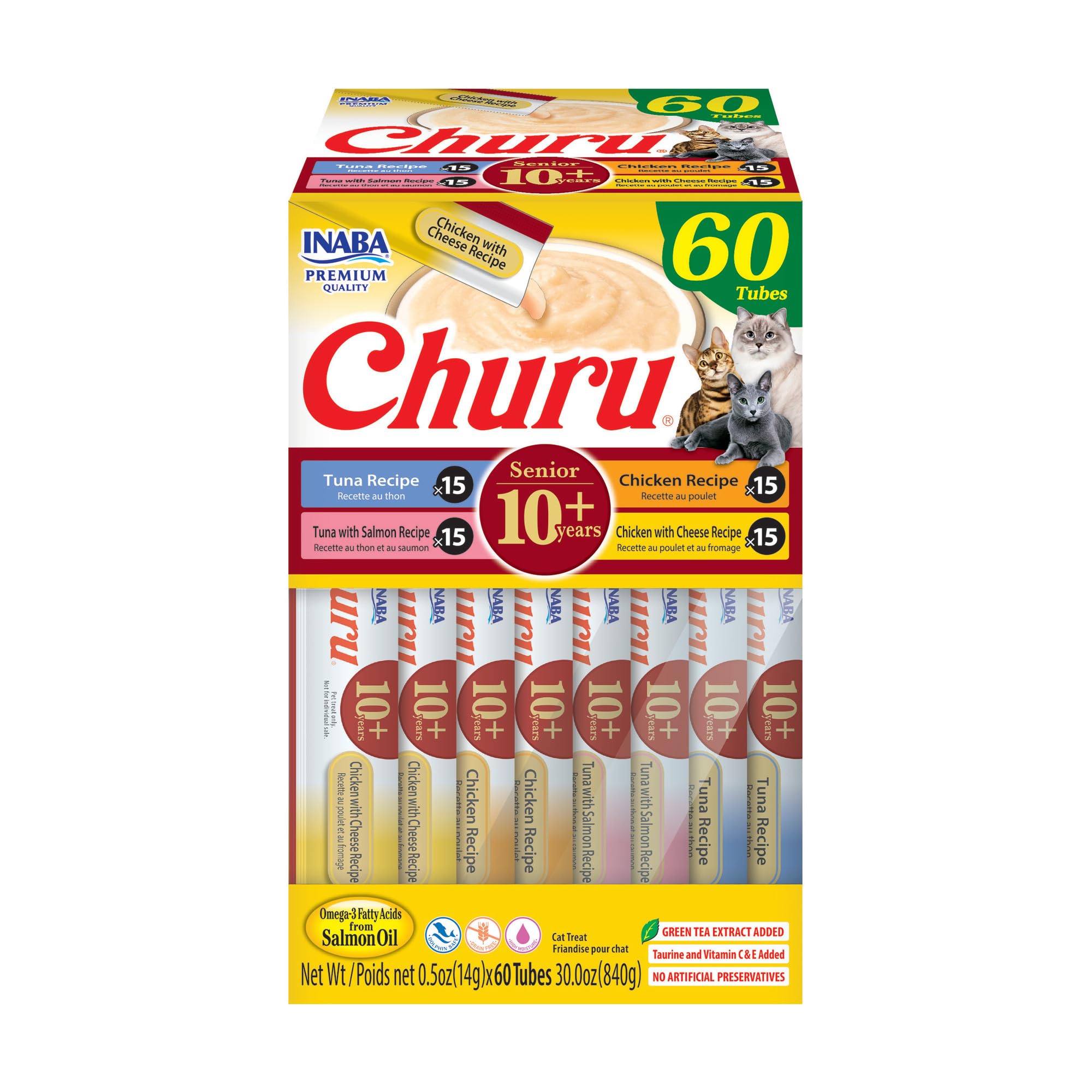 INABA Churu Senior frente del empaque mostrando 60 tubos para hidratación
