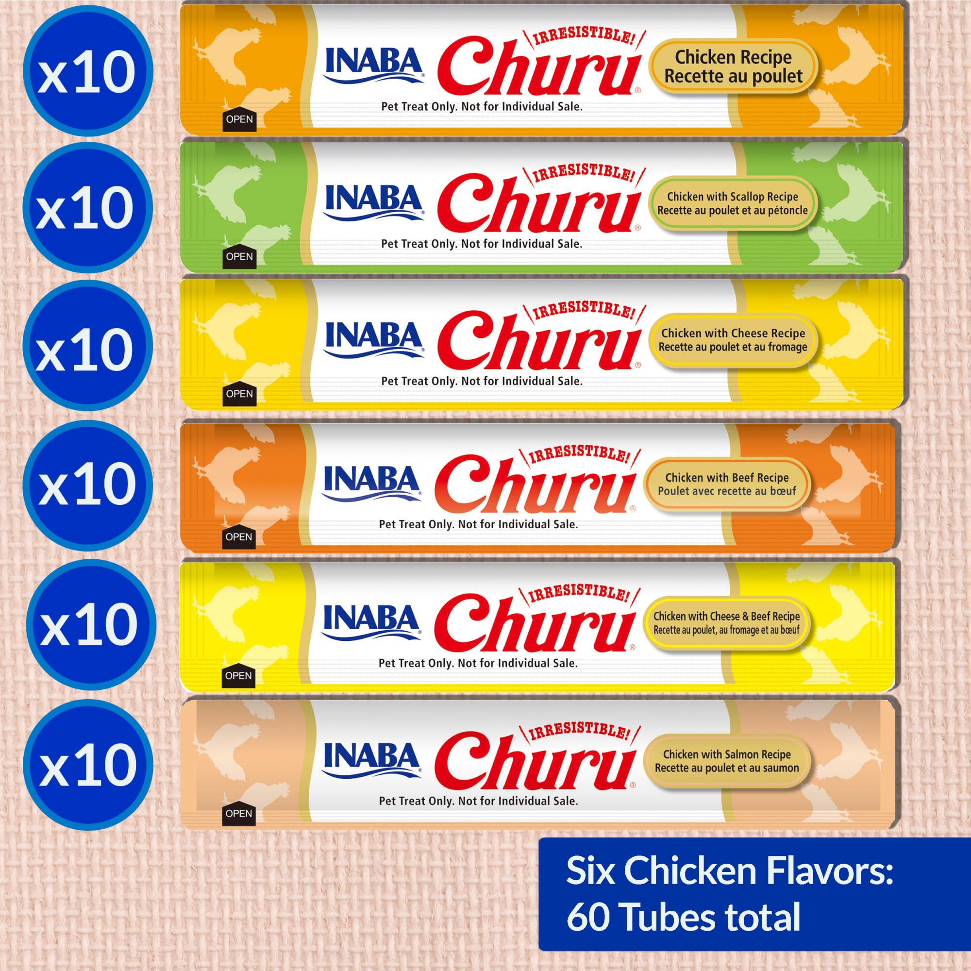 INABA Churu varios tubos alineados, variedad de sabores disponible